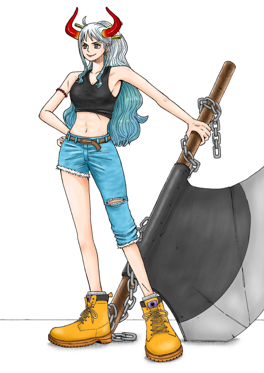 1girl, aqua_hair, armlet, asymmetrical_pants, axe, battle_axe, black_tank_top, chain