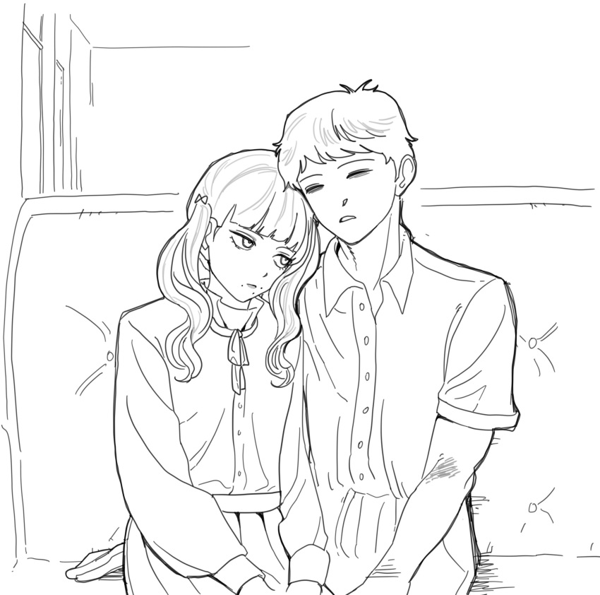 1boy, 1girl, blunt_bangs, bookbookcat09, commentary_request, fear_&amp;_hunger, fear_&amp;_hunger_2:_termina, frilled_shirt_collar, frills, highres, jumpsuit, korean_commentary, leaning_on_person, levi_(fear_&amp;_hunger), lineart, long_hair, long_sleeves, looking_at_another, marina_(fear_&amp;_hunger), mouth_piercing, neck_ribbon, parted_lips, ribbon, shirt_tucked_in, short_hair, sitting, skirt, sleeping, train_interior, twintails, upper_body