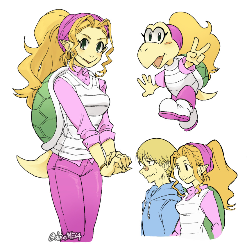 1boy, 1girl, bandaid, bandaid_on_face, bandana, blonde_hair, blue_hoodie, commentary_request