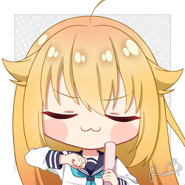 1girl, ahoge, aqua_neckerchief, blonde_hair, blue_sailor_collar, chibi, closed_eyes, closed_mouth, collared_shirt, fpsmoe, glowstick, hair_between_eyes, hair_flaps, koshi_torako, long_sleeves, meme, neckerchief, sailor_collar, school_uniform, shikairo_days, shikairo_days_dance_(meme), shikanoko_nokonoko_koshitantan, shirt, signature, solo, uwu, white_shirt