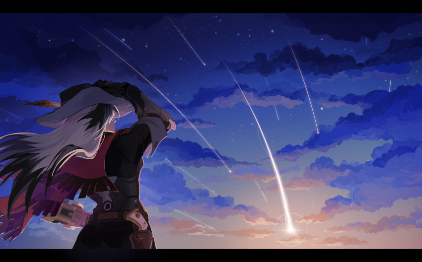 1boy, arm_up, black_hair, black_hat, black_jacket, blue_background, boothill_(honkai:_star_rail), colored_tips