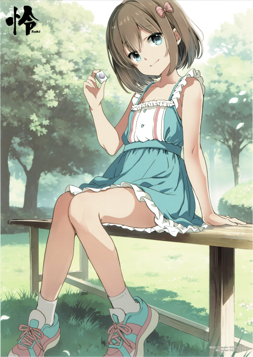 1girl, absurdres, bench, blue_dress, blue_eyes, bow, brown_hair, dress