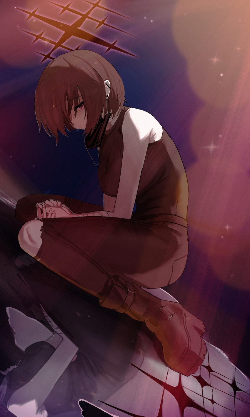 1girl, absurdres, black_footwear, black_hair, black_mask, black_pants, black_shirt, blue_archive, bonefire0909, boots, breasts, closed_mouth, halo, highres, mask, mask_pull, medium_breasts, misaki_(blue_archive), mouth_mask, multiple_views, pants, red_eyes, red_halo, shirt, short_hair, sleeveless, sleeveless_shirt, torn_clothes, torn_pants