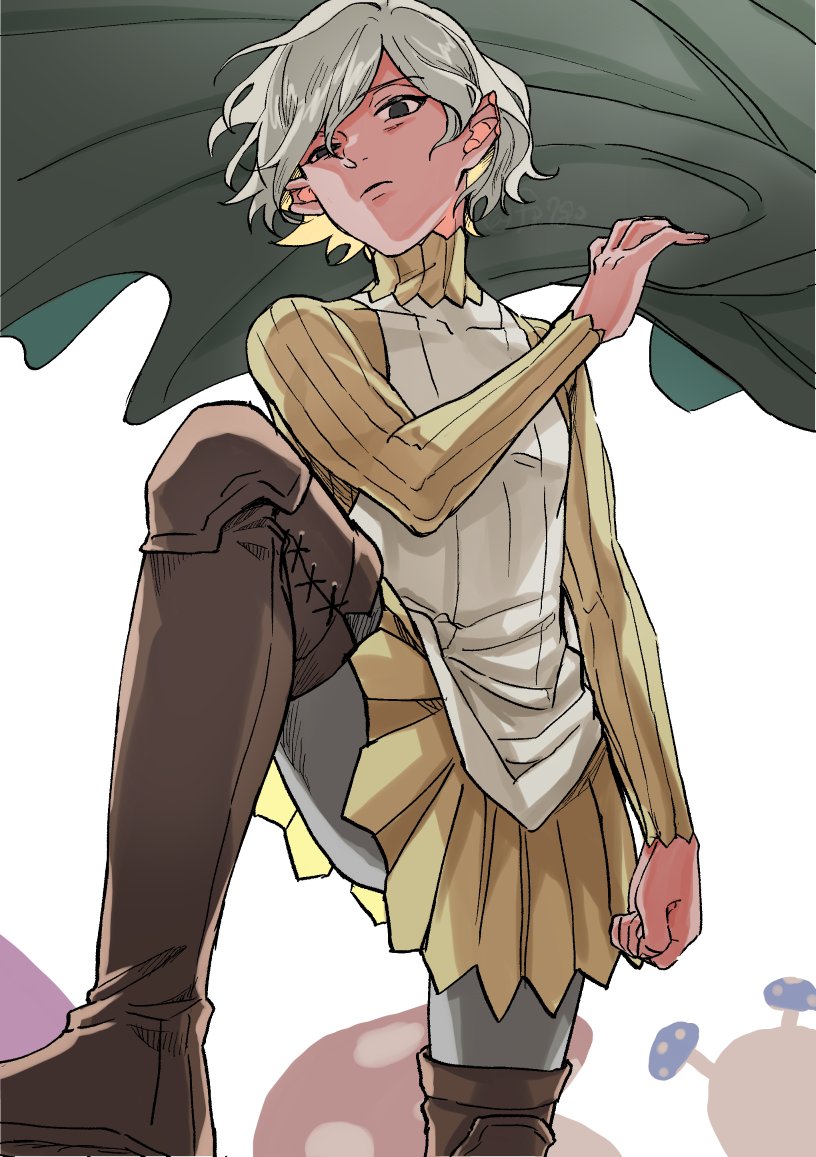 1boy, bags_under_eyes, black_eyes, boots, cloak, doro_(kura-chou), dungeon_meshi, elf