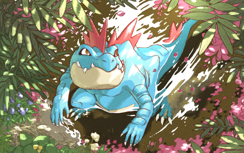 claws, closed_mouth, commentary, fangs, fangs_out, feraligatr, from_above, lico_(sasya_k)
