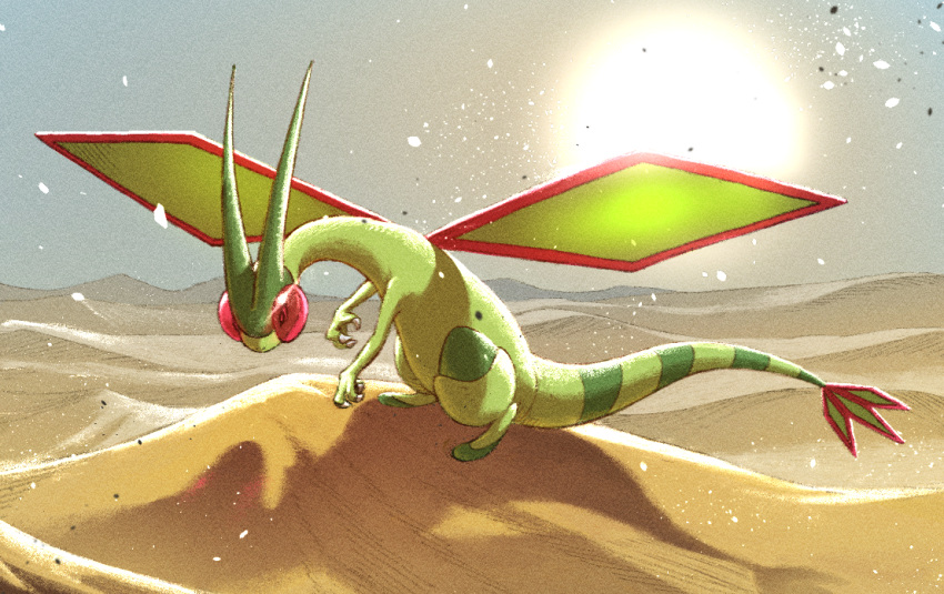 bright_pupils, claws, commentary, day, desert, flygon, lico_(sasya_k), looking_down