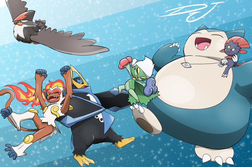 :d, absurdres, arms_up, bird, blue_eyes, claws, clenched_hands, commentary
