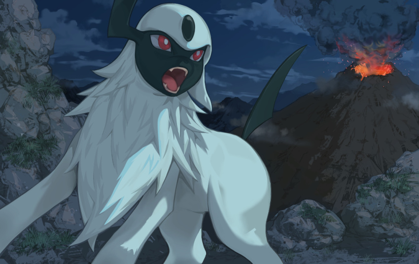 absol, answer_is_(kazunoko), bright_pupils, clouds, commentary_request, looking_to_the_side, night, no_humans