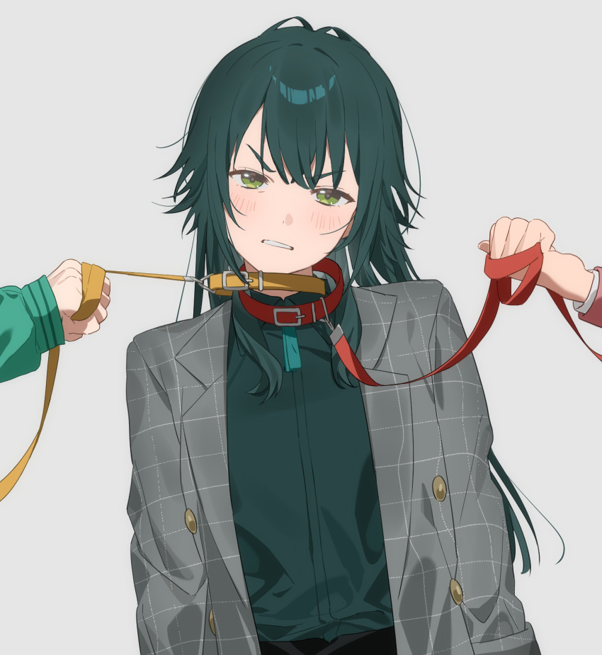 3girls, animal_collar, blush, clenched_teeth, coat, collar, fujita_kotone, gakuen_idolmaster