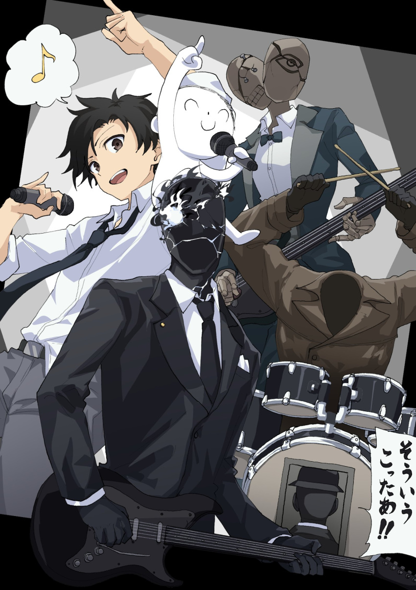 5boys, band, bass_guitar, black_necktie, black_skin, black_suit, black_suit_(blue_archive), blue_archive