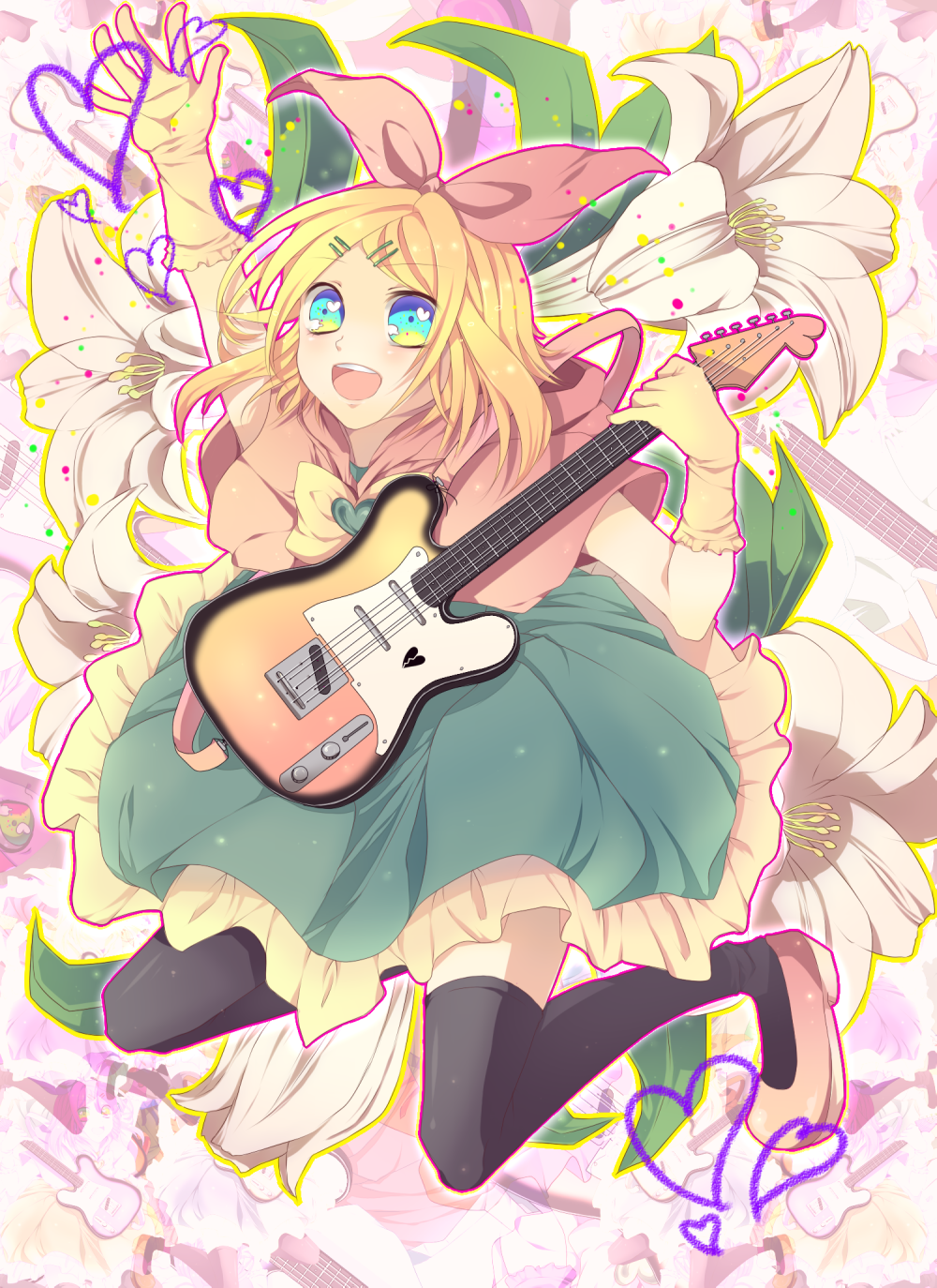 amese_hiyori, blonde_hair, blue_eyes, bow, flower, guitar, hair_bow, heart
