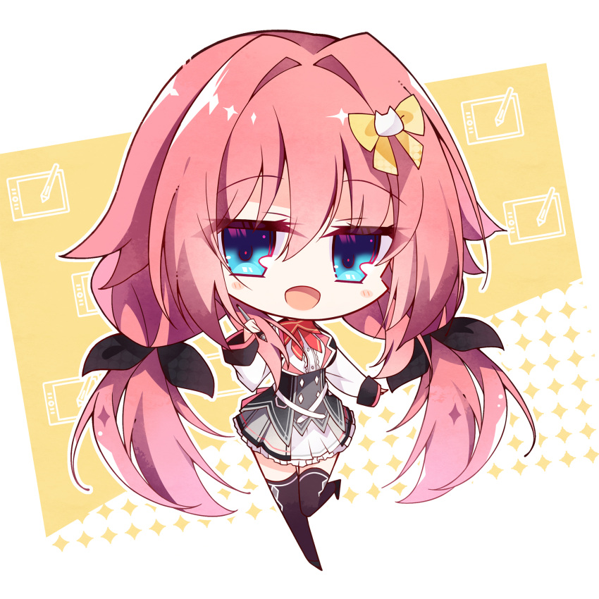 1girl, :d, black_ribbon, black_thighhighs, blue_eyes, blush, blush_stickers, bow, bowtie, cat_hair_ornament, chibi, commentary_request, eyes_visible_through_hair, frilled_skirt, frills, full_body, hair_between_eyes, hair_bow, hair_intakes, hair_ornament, hair_ribbon, hamidashi_creative, hand_up, happy, highres, holding, holding_pen, long_hair, long_sleeves, looking_at_viewer, low_twintails, mikuyaa39, miniskirt, open_mouth, pen, pink_hair, pleated_skirt, red_bow, red_bowtie, ribbon, school_uniform, skirt, smile, solo, sparkle, standing, standing_on_one_leg, thigh-highs, tokiwa_kano, twintails, two-tone_background, very_long_hair, white_background, white_skirt, yellow_background, yellow_bow, zettai_ryouiki