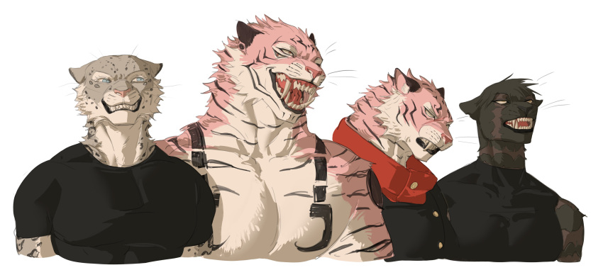 1girl, 3boys, absurdres, animal_ears, black_fur, black_jacket, black_shirt, blue_eyes, body_fur, clenched_teeth, colored_eyelashes, cropped_torso, english_commentary, extra_ears, furrification, furry, furry_male, gojou_satoru, grey_fur, grin, high_collar, highres, iba_(kcokaine), itadori_yuuji, jacket, jujutsu_kaisen, looking_at_another, looking_at_viewer, multiple_boys, muscular, muscular_female, open_mouth, panther_ears, panther_girl, pink_fur, red_eyes, ryoumen_sukuna_(jujutsu_kaisen), ryoumen_sukuna_(true_form)_(jujutsu_kaisen), scar, scar_across_eye, scar_on_arm, scar_on_face, scar_on_neck, sharp_teeth, shirt, short_sleeves, simple_background, skin_tight, sleeveless, sleeveless_shirt, smile, snow_leopard_boy, snow_leopard_ears, teeth, tiger_boy, tiger_ears, toned, toned_male, upper_body, white_background, yellow_eyes, zen'in_maki