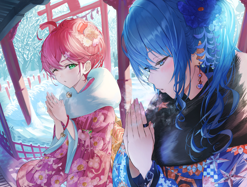 2girls, absurdres, ahoge, atatatatame01, bell, blue_eyes, blue_hair, bracelet