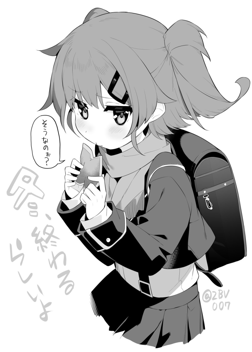 1girl, backpack, bag, blush, child, greyscale, highres, looking_at_viewer
