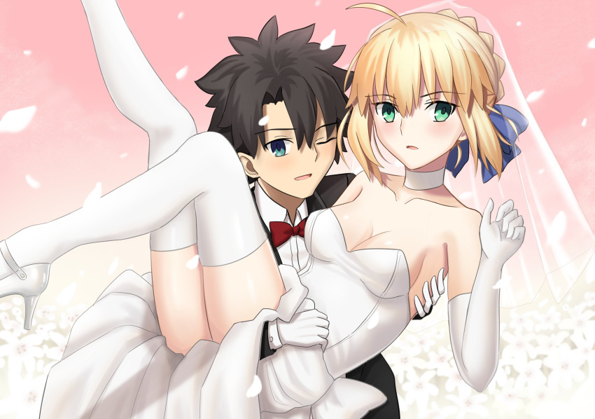 1boy, 1girl, absurdres, ahoge, artoria_pendragon_(fate), black_hair, blonde_hair, blush, bow, bowtie, breasts, bridal_veil, carrying, dress, fate/grand_order, fate_(series), flower, fujimaru_ritsuka_(male), green_eyes, hair_ribbon, hetero, high_heels, highres, husband_and_wife, longdq3008, princess_carry, ribbon, saber_(fate), small_breasts, suit, tagme, veil, wedding_dress