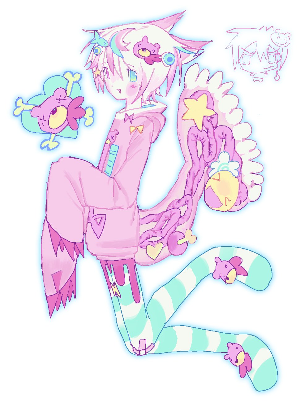 1boy, androgynous, animal_ears, aqua_socks, blue_eyes, chibi, chibi_inset, colored_skin