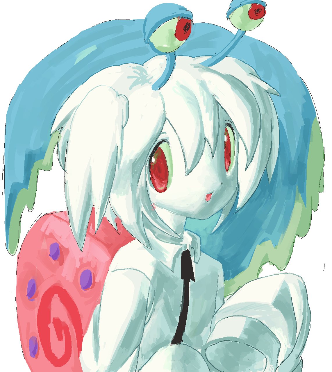 1girl, collared_shirt, colored_skin, commentary, cosplay, gary_(spongebob_squarepants), hands_up, highres