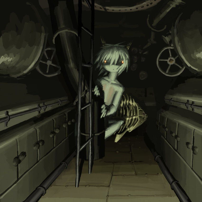 1other, :o, colored_skin, dark, fish_skeleton, full_body, grey_hair, grey_skin