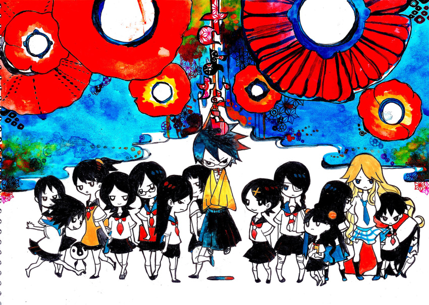 apron, arms_behind_back, bad_id, bandage_over_one_eye, bandages, bangs, bird, black_hair