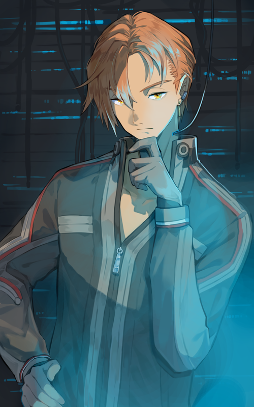 1boy, android, asagi1111, asymmetrical_hair, blue_light, cable, canaan_(xenosaga), earrings