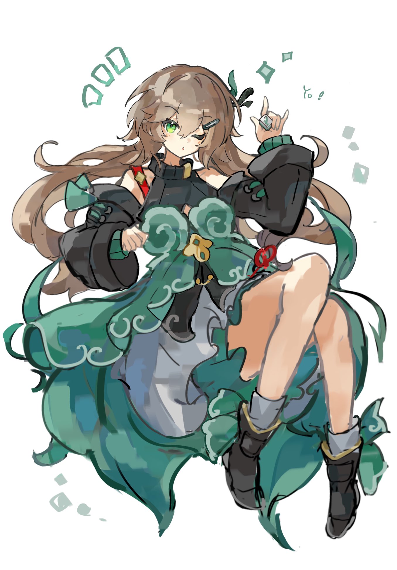 1girl, akizuwa, ankle_boots, bare_shoulders, black_footwear, boots, brown_hair, clothing_cutout