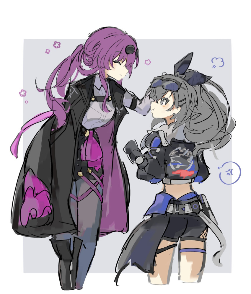 2girls, akizuwa, anger_vein, black_gloves, black_jacket, black_shorts, eyewear_on_head, gloves