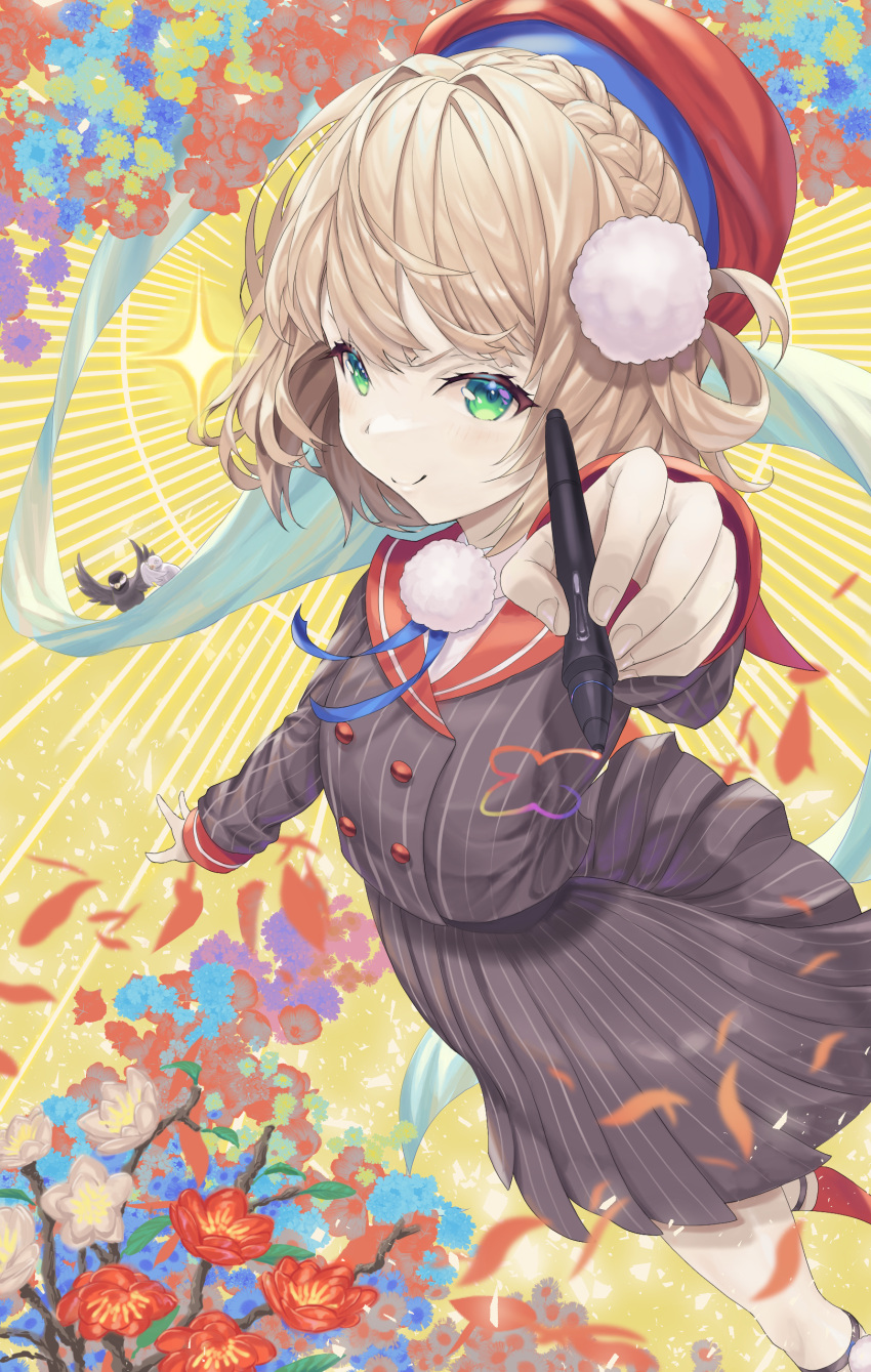 1girl, absurdres, atatatatame01, beret, bird, braid, buttons, closed_mouth