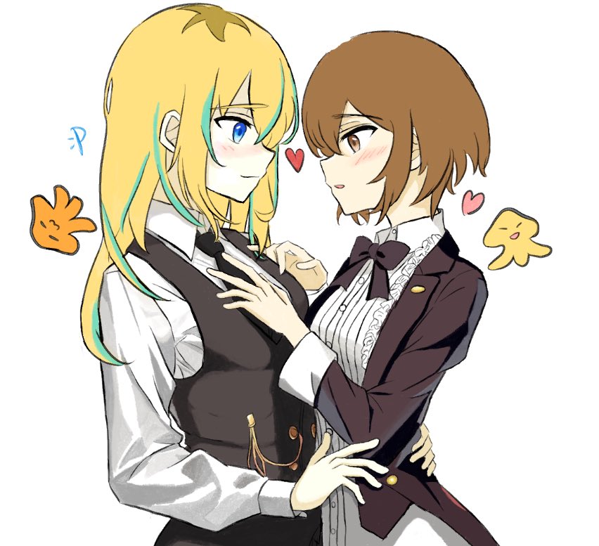 2girls, black_bow, black_bowtie, black_necktie, black_vest, blonde_hair, blue_eyes, blush, bow, bowtie, breasts, brown_eyes, brown_hair, chinese_commentary, closed_mouth, collared_shirt, commentary_request, dress_shirt, eye_contact, green_hair, hair_between_eyes, hand_on_another's_chest, heart, kouzuki_mahiru, long_hair, long_sleeves, looking_at_another, medium_breasts, momokan_1209, multicolored_hair, multiple_girls, necktie, open_mouth, roots_(hair), shirt, short_hair, sidelocks, simple_background, streaked_hair, upper_body, vest, white_background, white_shirt, yamanouchi_kano, yoru_no_kurage_wa_oyogenai, yuri