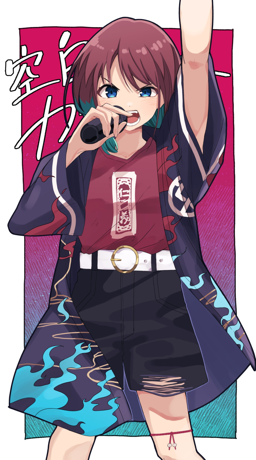 1girl, absurdres, arm_up, belt, black_shorts, blue_eyes, commentary_request, cowboy_shot