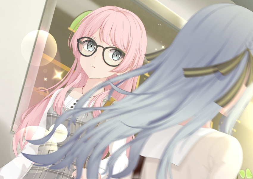 2girls, bang_dream!, bang_dream!_it's_mygo!!!!!, black_ribbon, blue_hair, blurry, breasts, brown_shirt