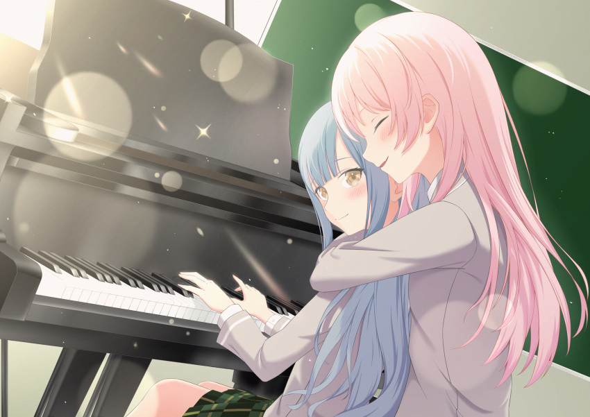 2girls, bang_dream!, bang_dream!_it's_mygo!!!!!, blue_hair, blush, chalkboard, chihaya_anon, chinese_commentary