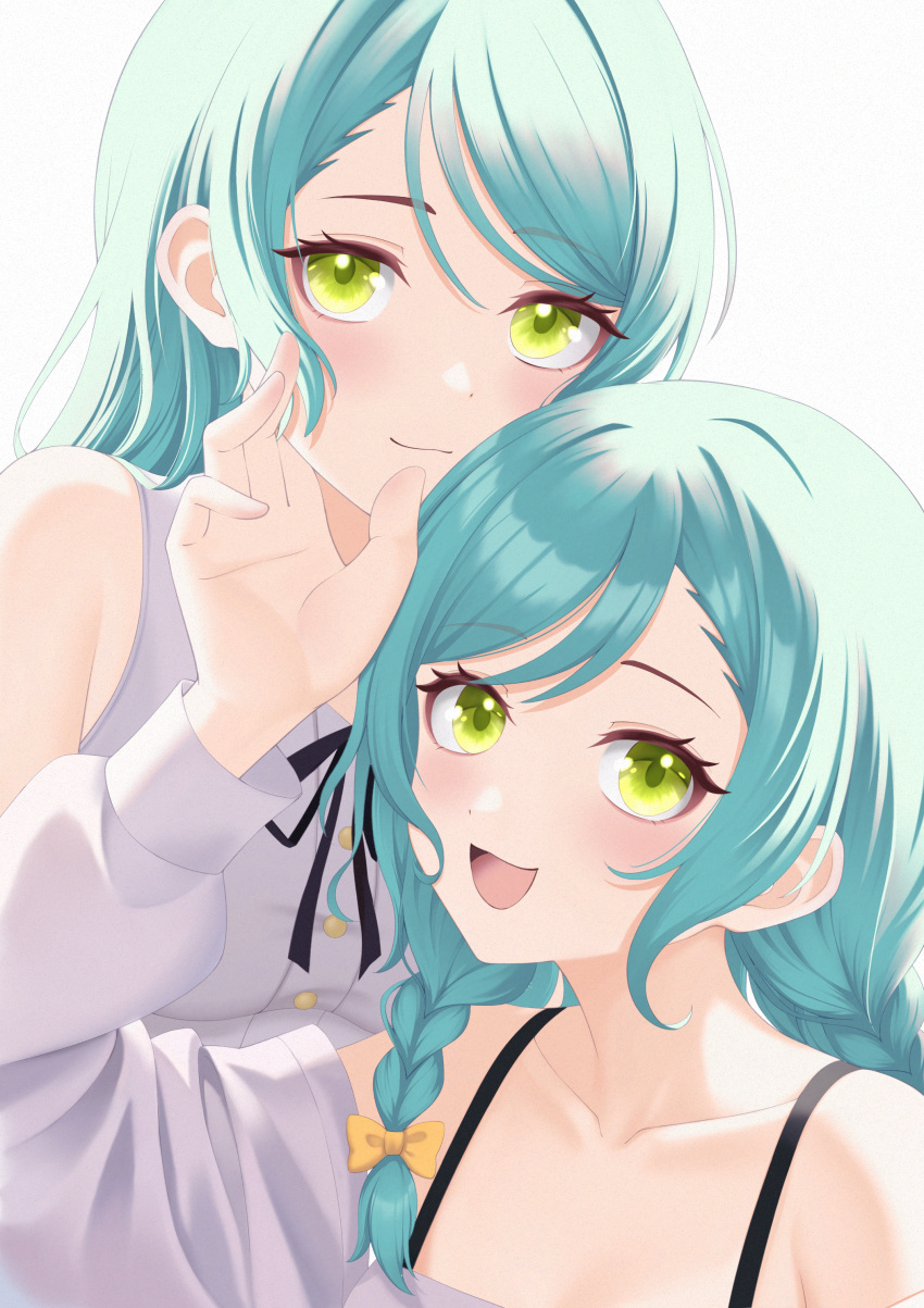 2girls, absurdres, aqua_hair, bang_dream!, blush, bow, braid, camisole