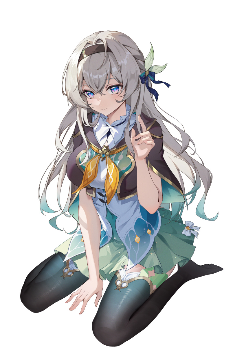 1girl, absurdres, alternate_breast_size, between_legs, black_hairband, black_thighhighs, blue_eyes, breasts
