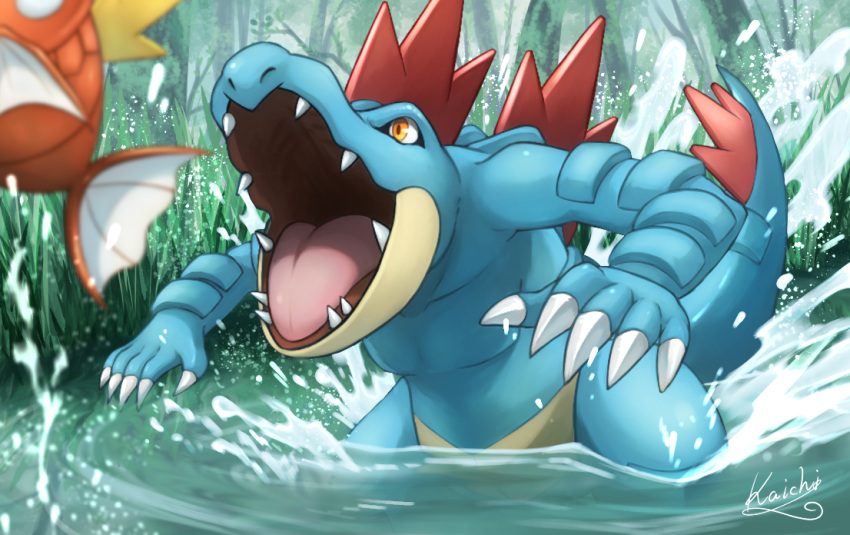 blurry, blurry_foreground, claws, commentary_request, day, feraligatr, fish, kaichi_(tomiyu25)