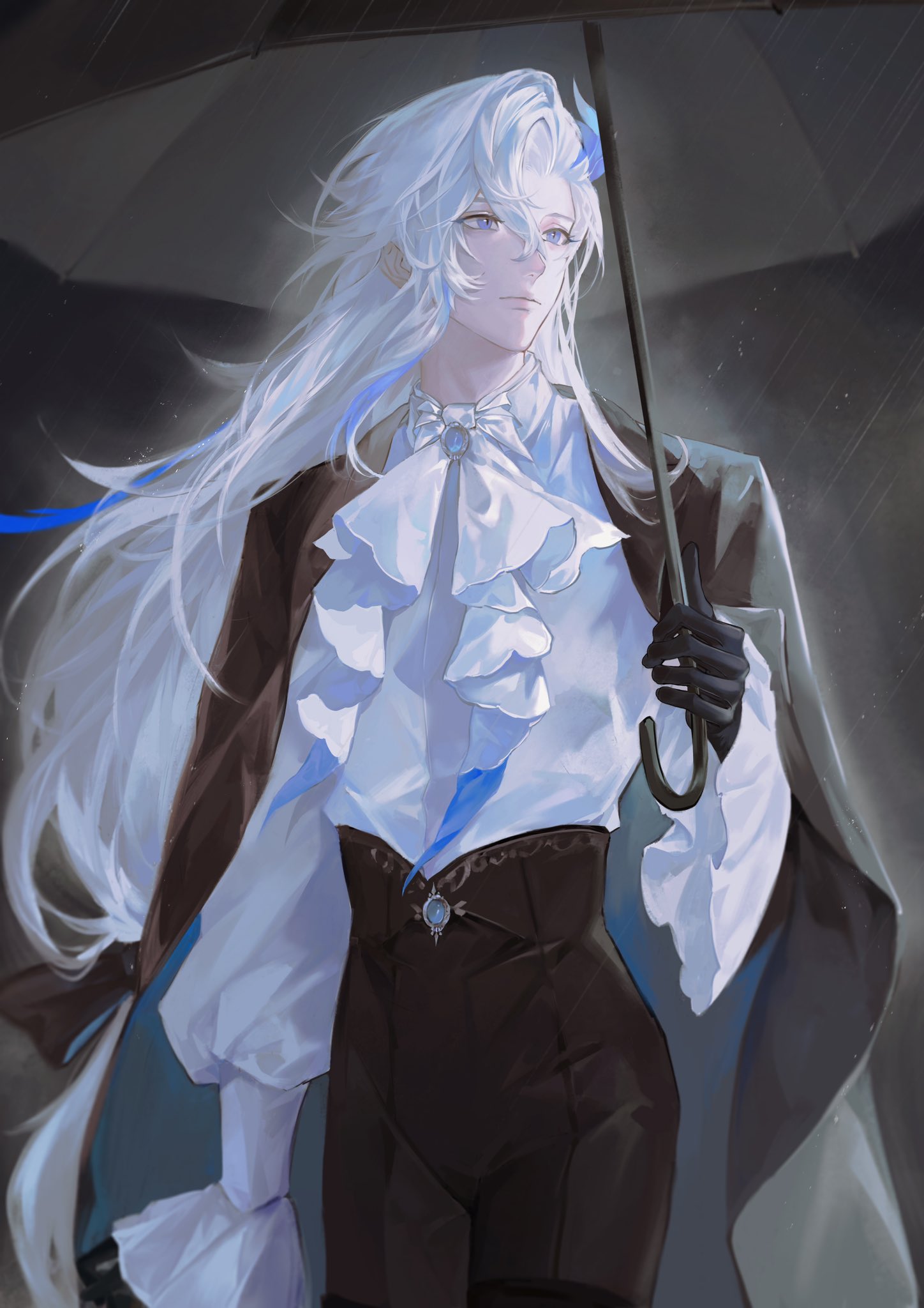 1boy, alternate_costume, ascot, black_background, black_gloves, blue_eyes, blue_gemstone, blue_hair