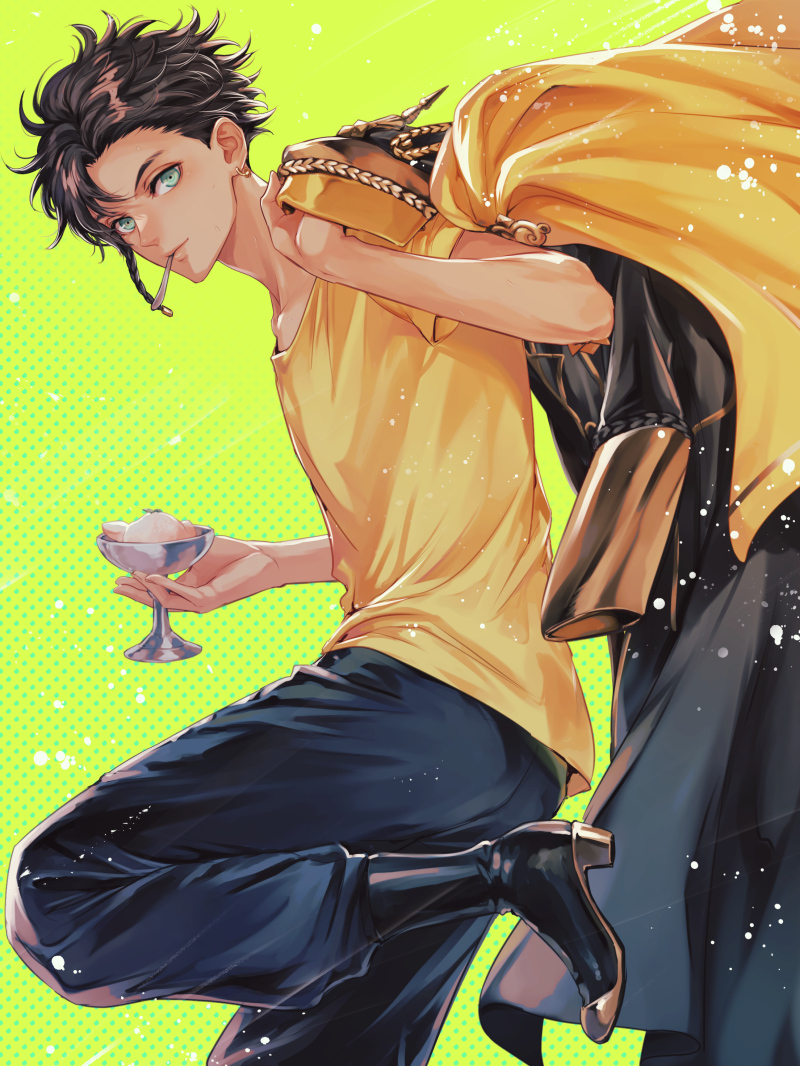 1boy, brown_hair, cape, claude_von_riegan, cup, dark-skinned_male, dark_skin, fire_emblem
