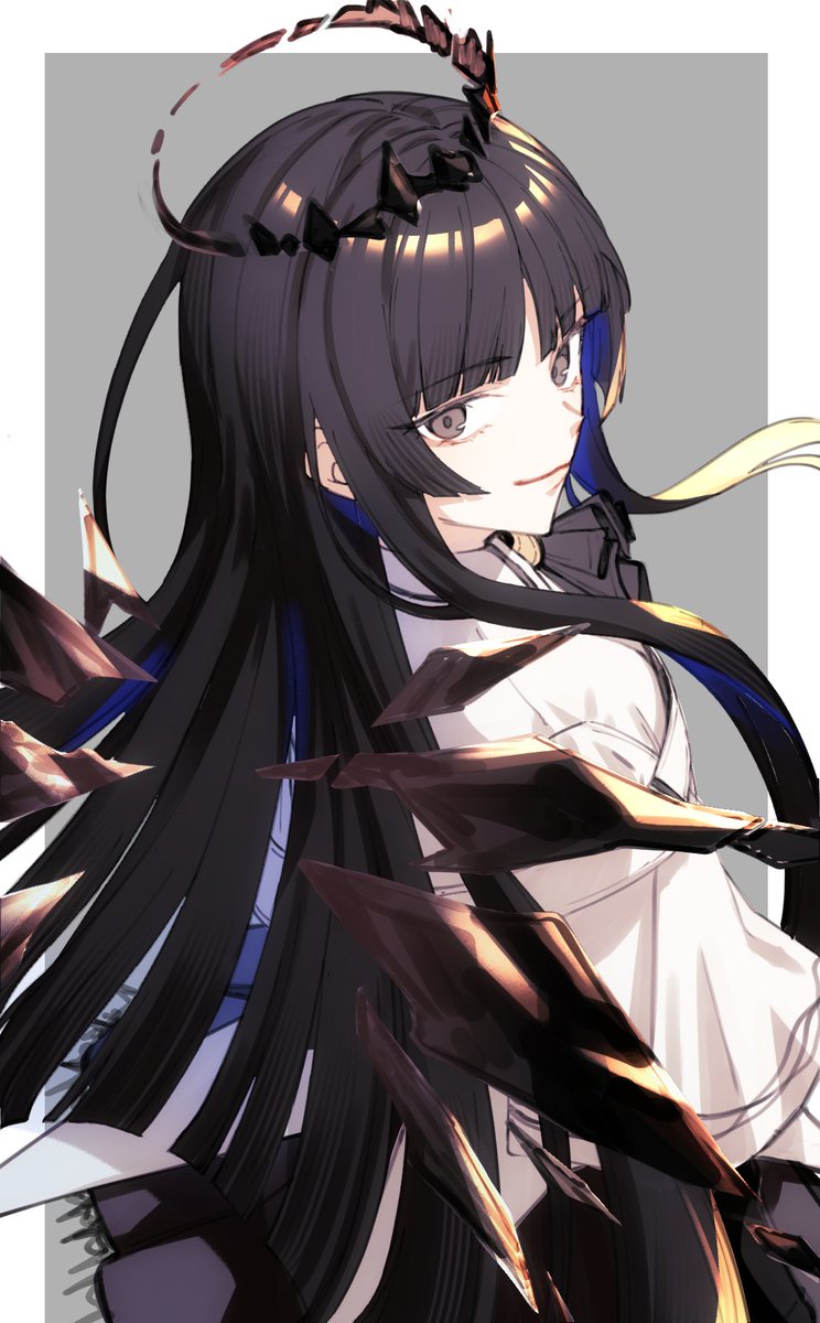 1girl, amag4eru, arknights, ascot, black_ascot, black_eyes, black_hair, black_halo, black_skirt, black_wings, blue_hair, blunt_bangs, border, broken_halo, closed_mouth, colored_inner_hair, commentary, dark_halo, detached_wings, energy_wings, floating_hair, from_side, grey_background, halo, highres, jacket, light_smile, long_hair, looking_at_viewer, looking_to_the_side, miniskirt, multicolored_hair, outside_border, pale_skin, pleated_skirt, shadow, short-sleeved_jacket, short_sleeves, sidelocks, simple_background, skirt, solo, standing, straight_hair, strap, two-tone_hair, upper_body, very_long_hair, virtuosa_(arknights), white_border, white_jacket, wide_sleeves, wings