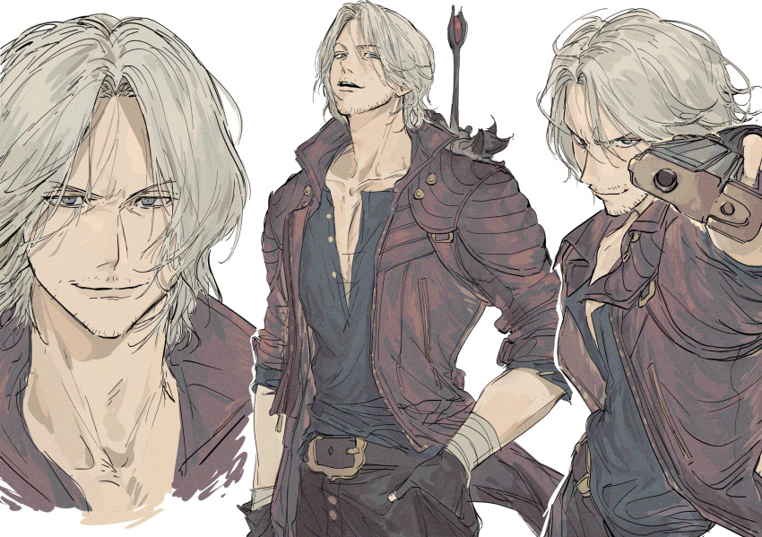 1boy, aiming, aiming_at_viewer, blue_eyes, coat, cowboy_shot, dante_(devil_may_cry), devil_may_cry_(series)