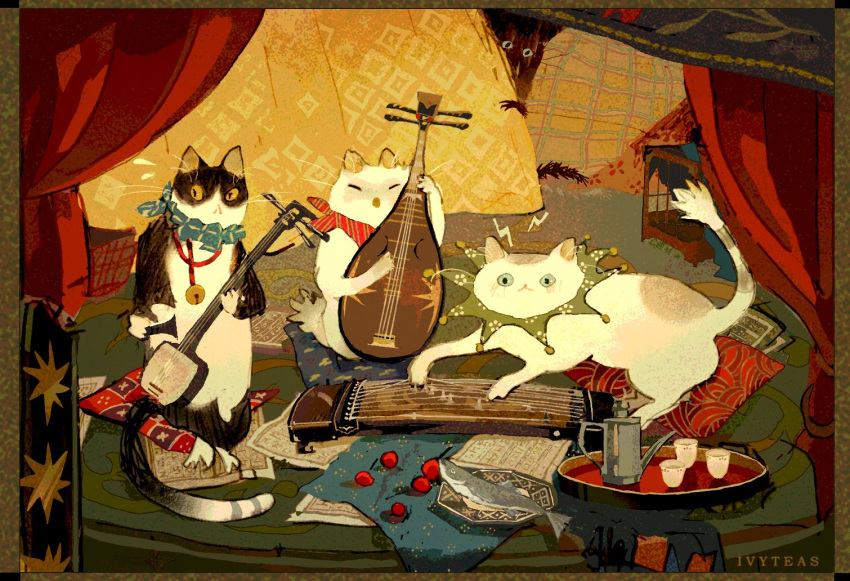 :<, analogous_colors, animal_focus, artist_name, bandana, biwa_lute, black_fur, blue_bandana