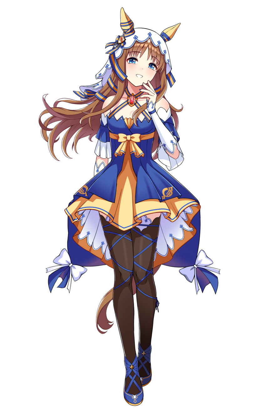 1girl, absurdres, animal_ears, bails, black_thighhighs, blue_dress, blue_eyes, blue_footwear