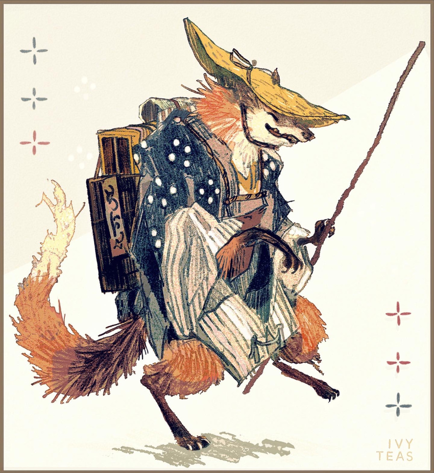 1boy, amigasa, artist_name, backpack, bag, barefoot, blue_kimono, border