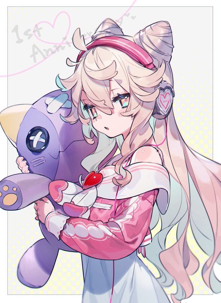 1girl, anniversary, aqua_eyes, bare_shoulders, blonde_hair, bukurote, cone_hair_bun, double_bun