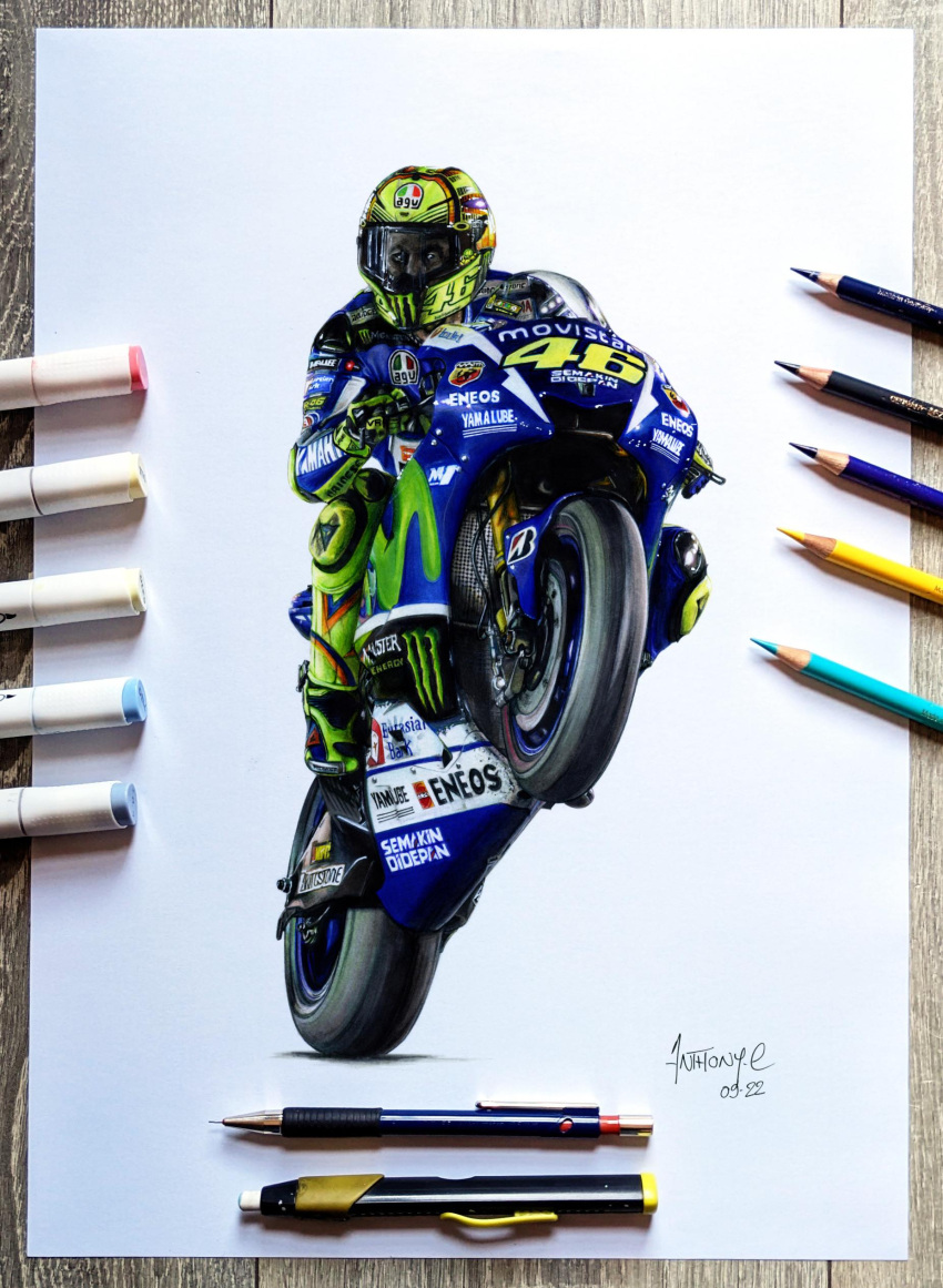 1boy, abarth, absurdres, anthony-c, art_tools_in_frame, artist_name, blue_jumpsuit, colored_pencil