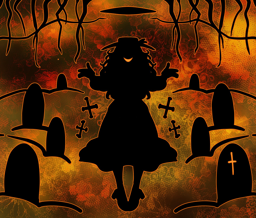 1girl, absurdres, cross, dolls_in_pseudo_paradise, dress, facing_viewer, full_body, grave