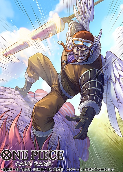 1boy, bird, boots, clenched_teeth, clouds, commentary_request, copyright_name, facial_hair, fuza_(one_piece), gloves, goggles, goggles_on_headwear, hat, holding, holding_weapon, incoming_attack, jacket, kuroda_asaki, long_mustache, looking_to_the_side, male_focus, motion_lines, mustache, official_art, on_animal, one_piece, one_piece_card_game, pants, shura_(one_piece), sky, solo, teeth, weapon, white_wings, wings