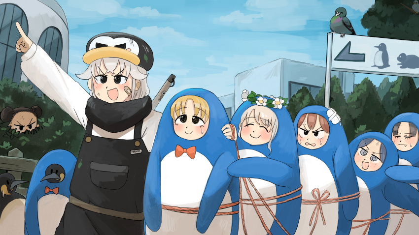 6+girls, :d, absurdres, animal_costume, bandaid, bandaid_on_cheek, bandaid_on_face, bird