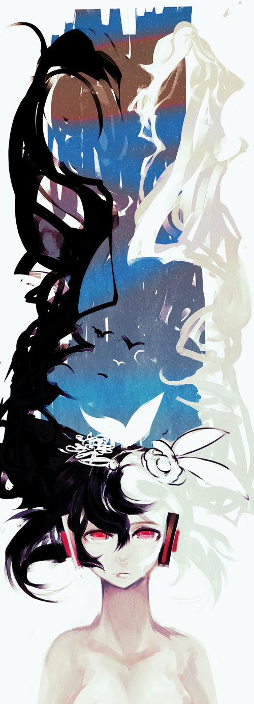 bad_id, bird, black_hair, hair_ornament, hair_ribbon, hatsune_miku, headphones, headset