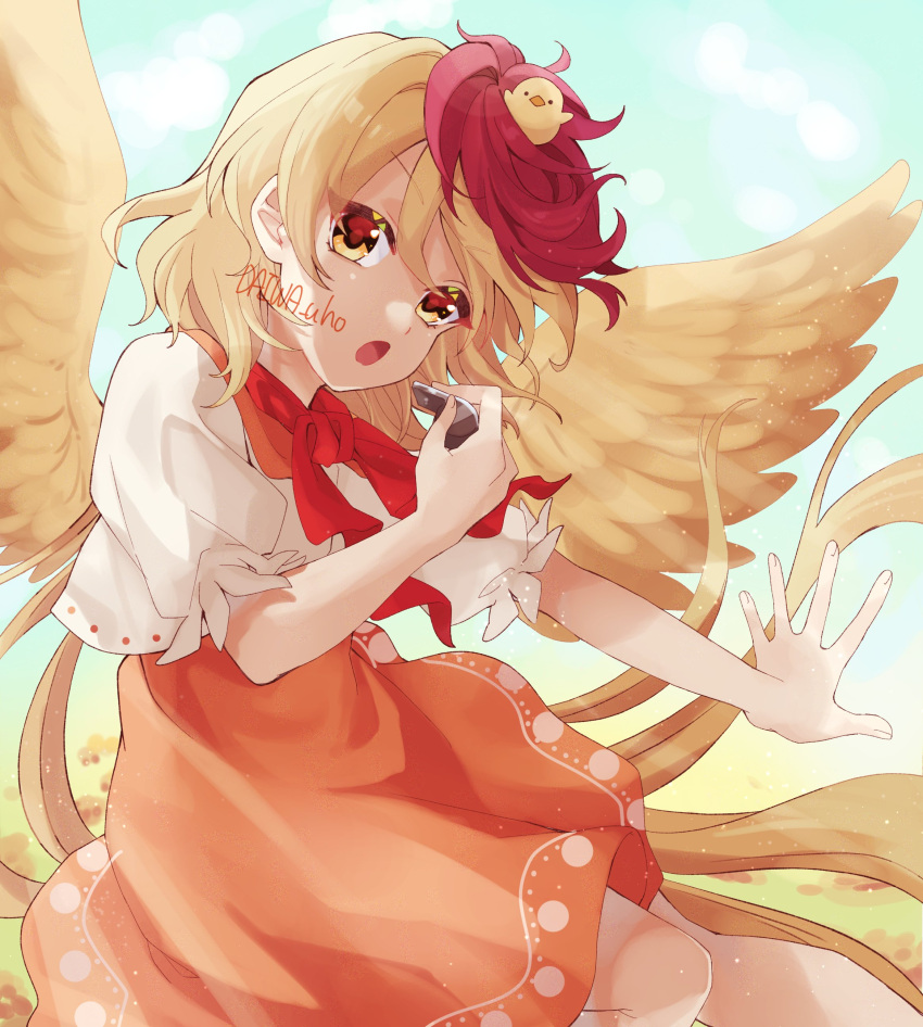 1girl, :o, absurdres, animal, animal_on_head, bird, bird_on_head, bird_tail