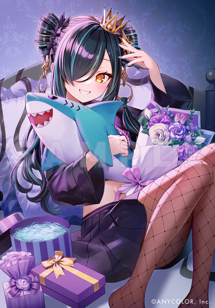 1girl, arm_up, black_hair, black_shirt, black_skirt, blue_hair, blue_nails, blush